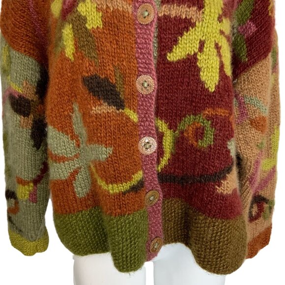 Tara Handknits Handspun Wool Cardigan Sweater L Floral Chunky Button Up Hippie - Picture 10 of 13